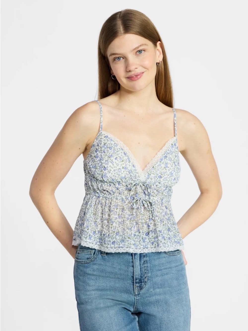 No Boundaries Blue Floral Lace-Trim Smocked Cami